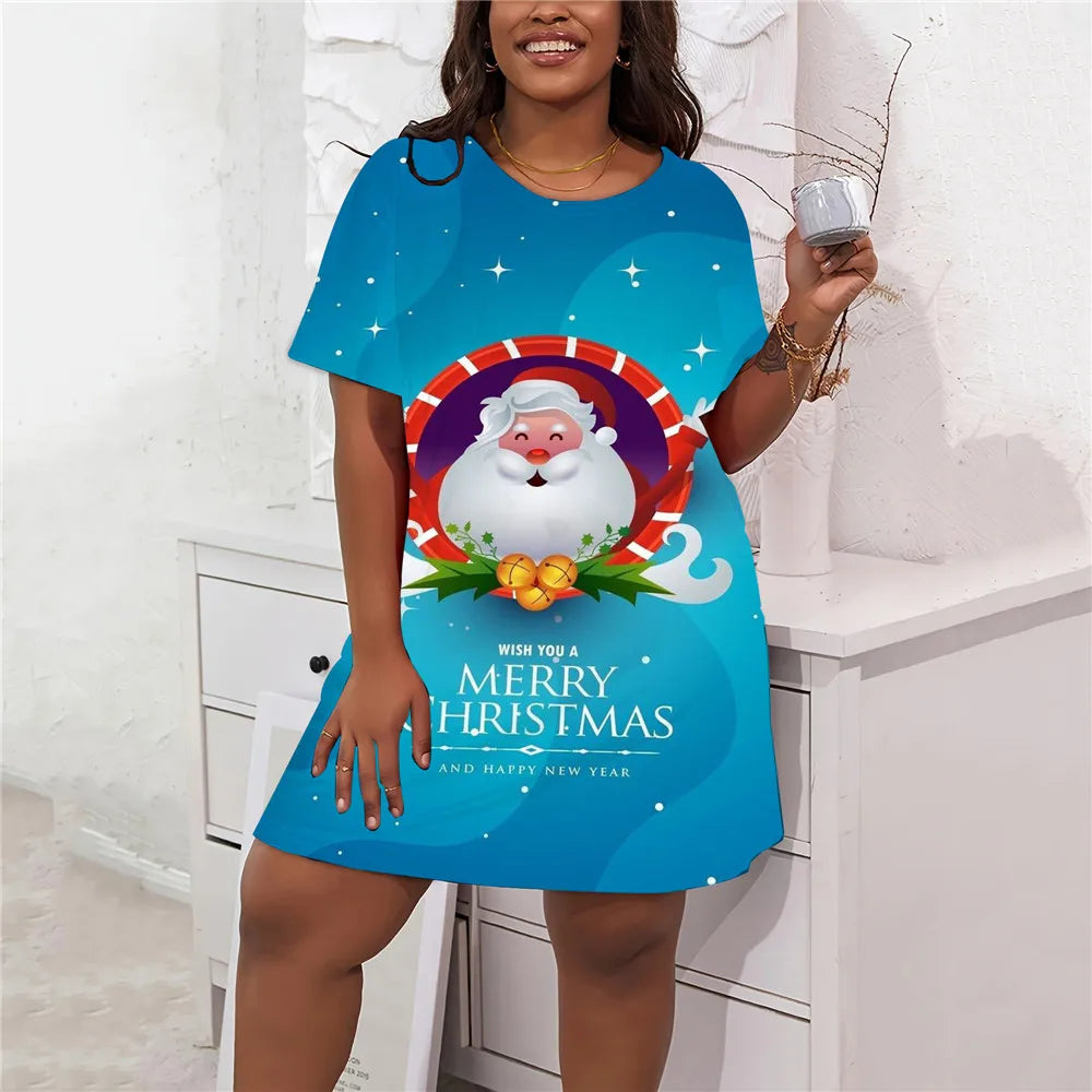 2024 Women Christmas Party Mini Dress Cartoon Santa Claus Print Loose Casual Short Sleeve Winter Fashion Plus Size Vestidos 