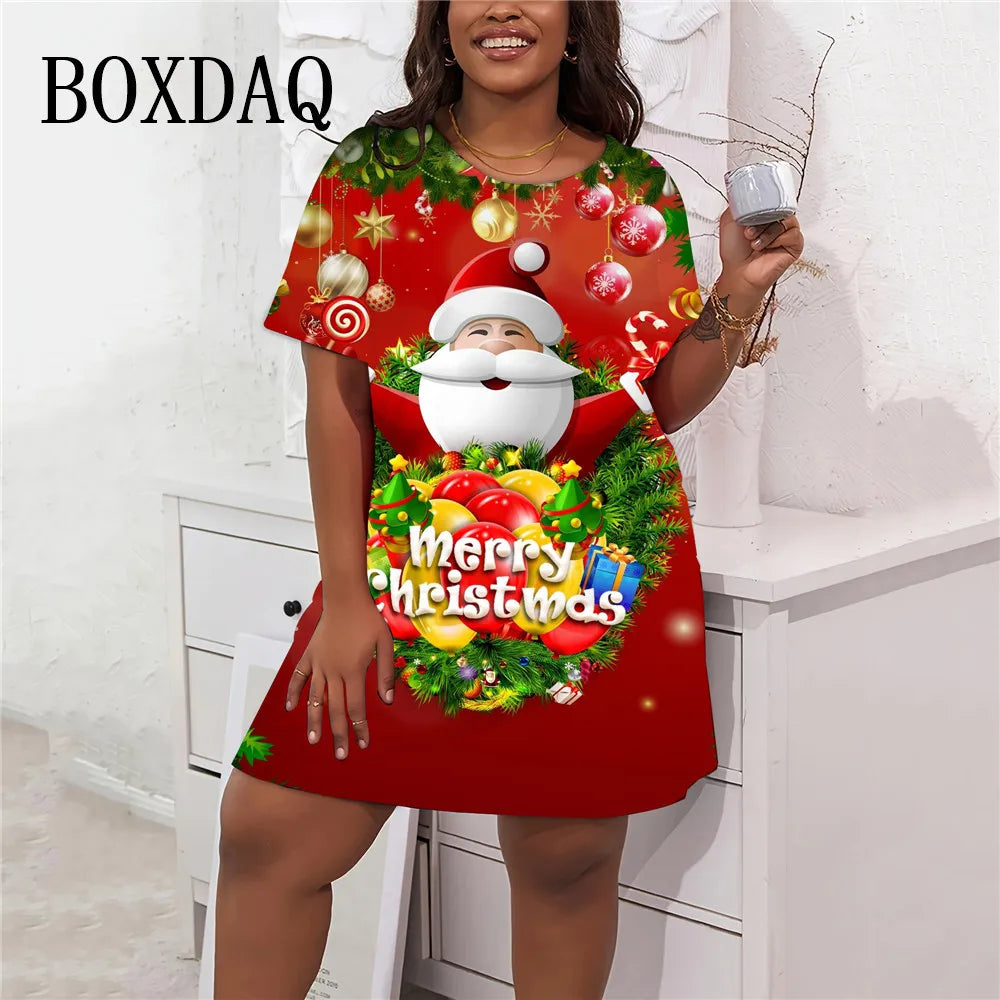 2024 Women Christmas Party Mini Dress Cartoon Santa Claus Print Loose Casual Short Sleeve Winter Fashion Plus Size Vestidos 