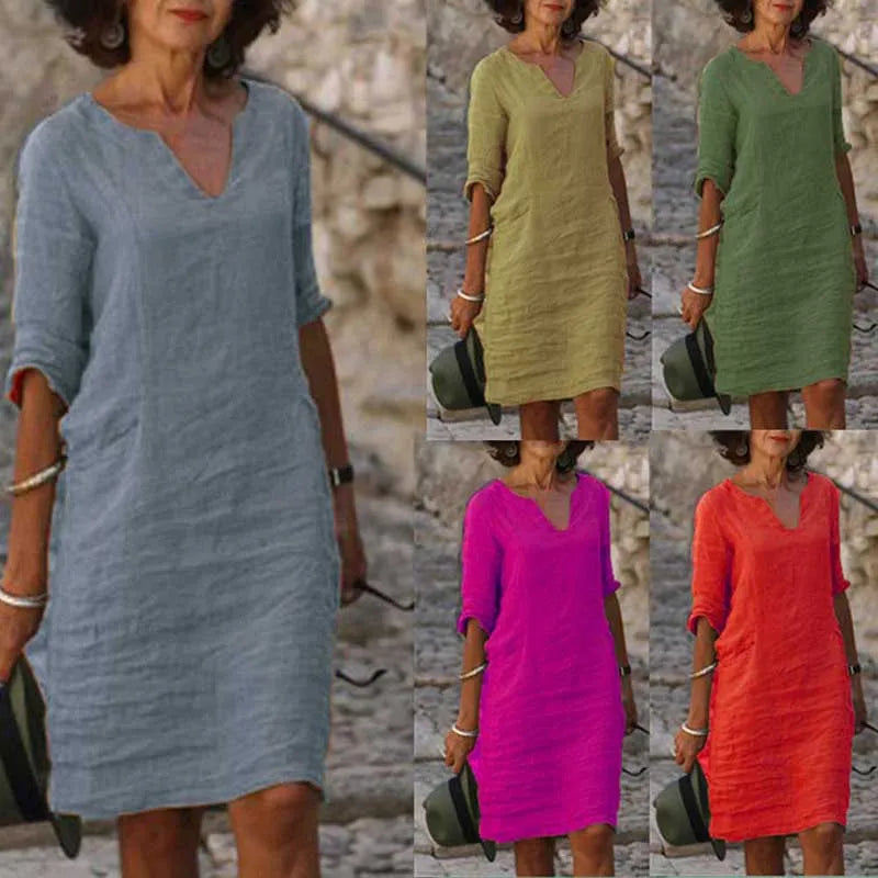 Vintage Mini Dress For Women Monochrome V Neck Three Quarter Sleeve Cotton And Linen Casual Dress For Ladies Summer Fashion 