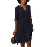 Vintage Mini Dress For Women Monochrome V Neck Three Quarter Sleeve Cotton And Linen Casual Dress For Ladies Summer Fashion 