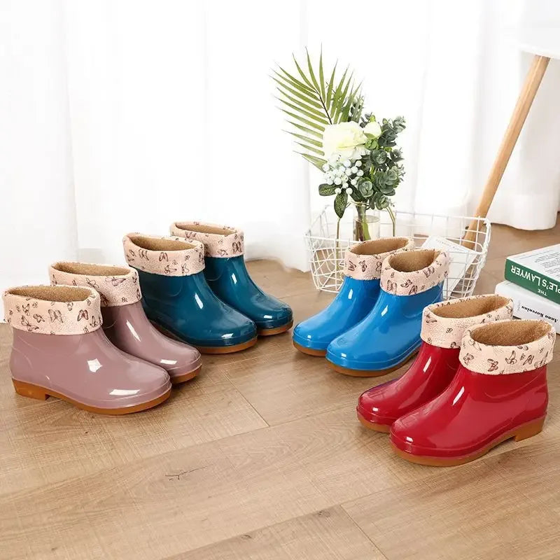 Botas de lluvia de manga corta para mujer, antideslizantes, con forro de algodón y forro polar, para adultos y trabajo de cocina. 