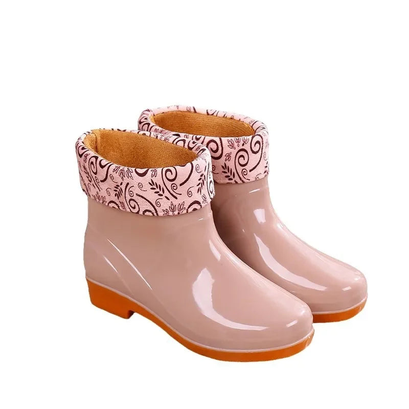 Botas de lluvia de manga corta para mujer, antideslizantes, con forro de algodón y forro polar, para adultos y trabajo de cocina. 