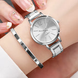 Women's Fashion Casual Watch Simple Stainless Steel Quartz Watch Love Bracelet 2 Pieces Set Temperament Wearing Style 