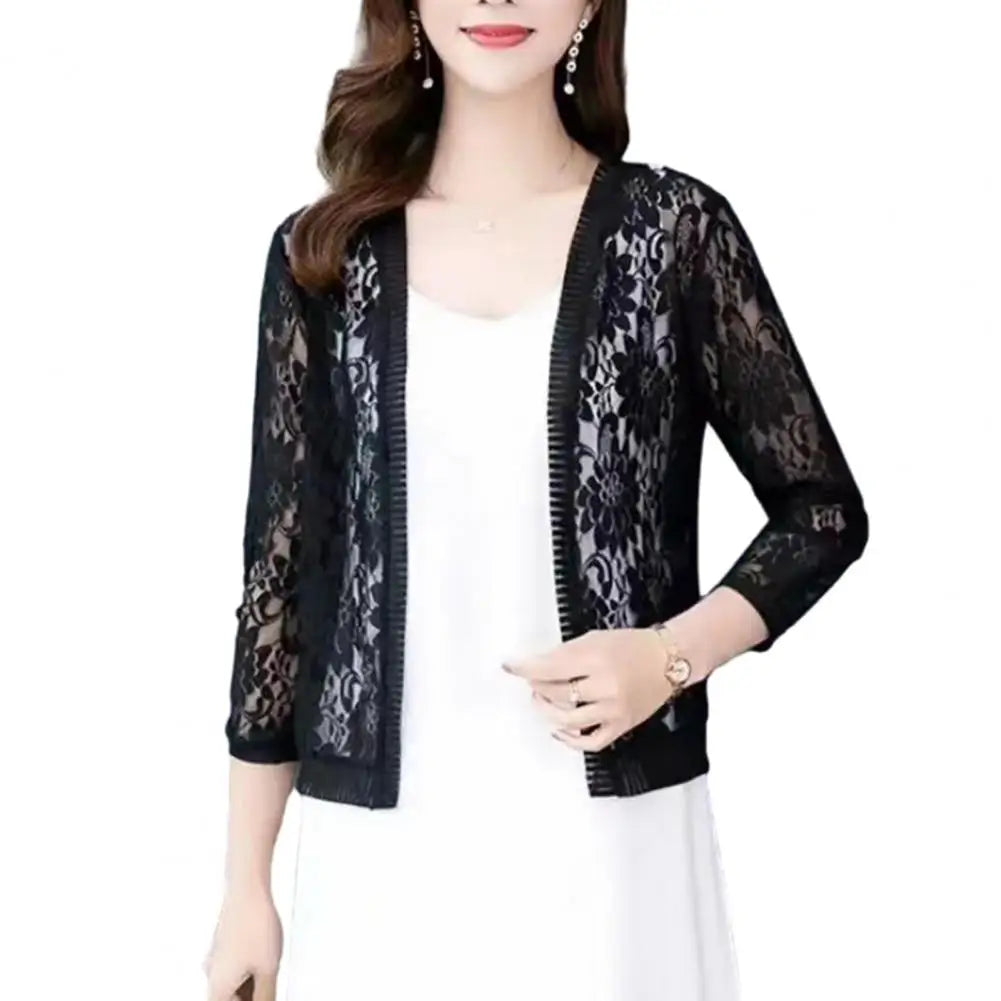 Moda feminina verão renda cardigan sheer m a 4xl feminino curto renda cardigan senhoras verão topo cobrir