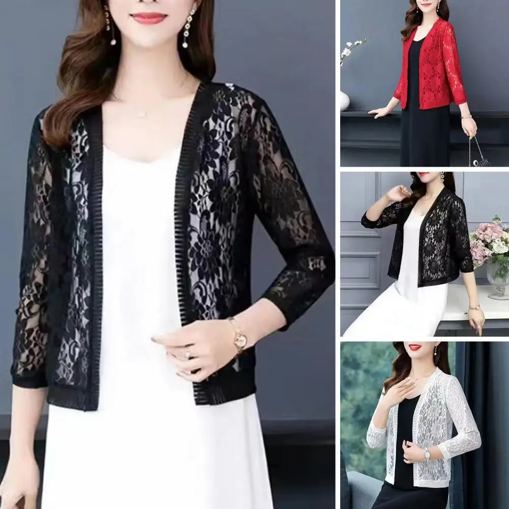 Moda feminina verão renda cardigan sheer m a 4xl feminino curto renda cardigan senhoras verão topo cobrir