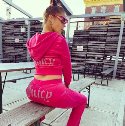 Women's Velvet Juicy Sweatshirt and Pants 2 Piece Suit Diamond Outfits Tracksuit Spring Autumn 2023 