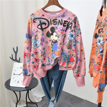 Women Mickey Mouse Print Long Sleeve Sweatshirt Korean Style Cartoon Hoodies Harajuku Casual Tops Autumn Spring Clothes New 