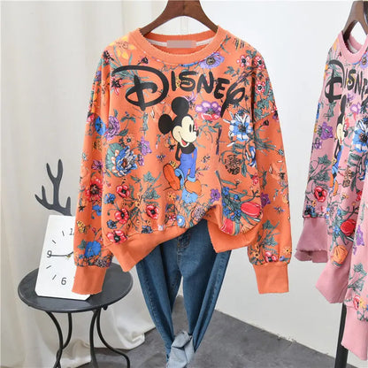 Women Mickey Mouse Print Long Sleeve Sweatshirt Korean Style Cartoon Hoodies Harajuku Casual Tops Autumn Spring Clothes New 