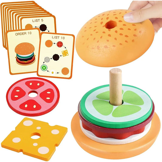 Montessori Wooden Burger Stacking Toys for Toddler Preschool Learning Educational Toys Fine Motor Skills Kitchen Gift for Kids 