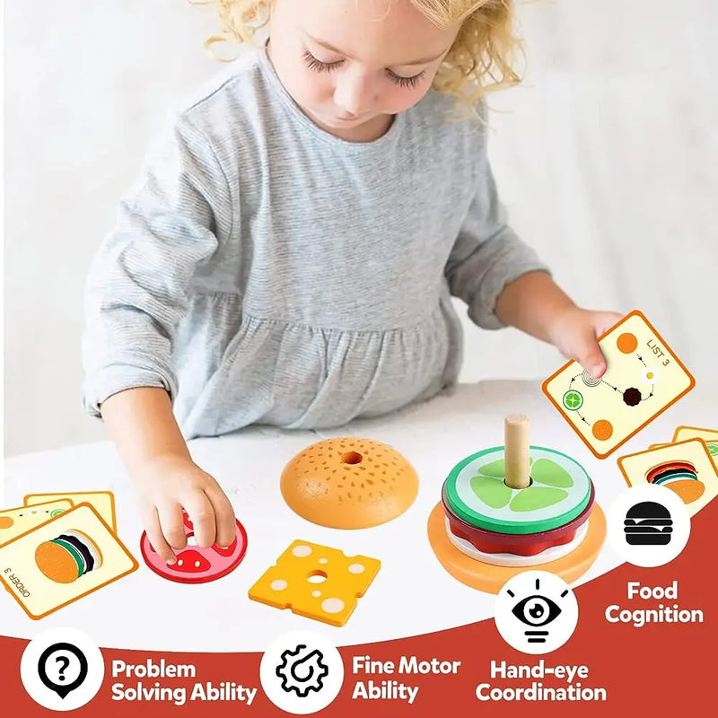 Montessori Wooden Burger Stacking Toys para criança, aprendizado pré-escolar, brinquedos educativos, habilidade motora fina, presente de cozinha para crianças