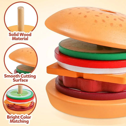 Montessori Wooden Burger Stacking Toys for Toddler Preschool Learning Educational Toys Fine Motor Skills Kitchen Gift for Kids 