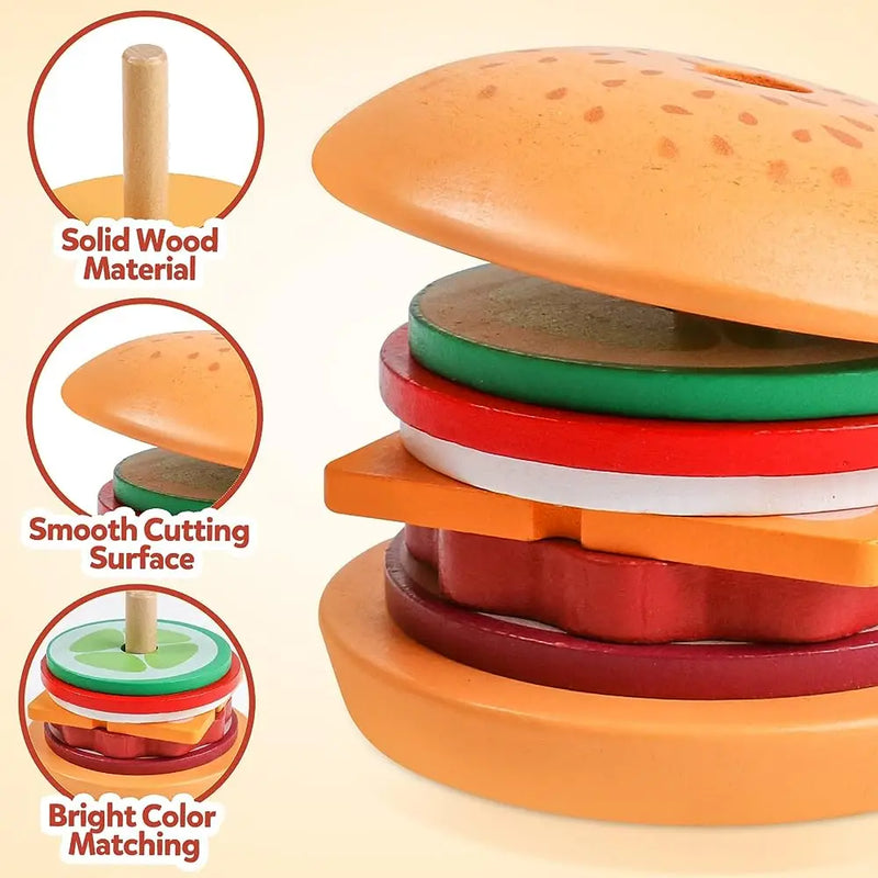 Montessori Wooden Burger Stacking Toys para criança, aprendizado pré-escolar, brinquedos educativos, habilidade motora fina, presente de cozinha para crianças