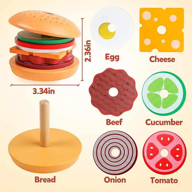 Montessori Wooden Burger Stacking Toys para criança, aprendizado pré-escolar, brinquedos educativos, habilidade motora fina, presente de cozinha para crianças