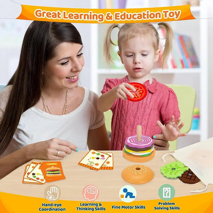 Montessori Wooden Burger Stacking Toys for Toddler Preschool Learning Educational Toys Fine Motor Skills Kitchen Gift for Kids 