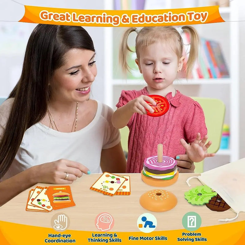Montessori Wooden Burger Stacking Toys para criança, aprendizado pré-escolar, brinquedos educativos, habilidade motora fina, presente de cozinha para crianças