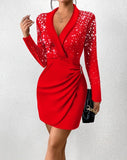 Minifalda cruzada ajustada con cuello en V y manga larga para mujer, con hebilla plisada y cuello chal con cuentas, elegante, sexy, nueva moda 2023 