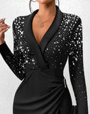 Minifalda cruzada ajustada con cuello en V y manga larga para mujer, con hebilla plisada y cuello chal con cuentas, elegante, sexy, nueva moda 2023 