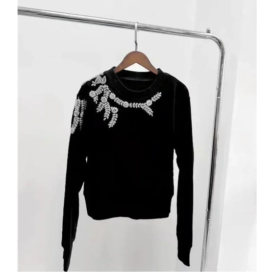 Women Shoulder Shiny Pearl Rhinestone Sweatshirt Spring New Ladies Long Sleeve Causal Solid Color O-Neck Loose Pullover Top 