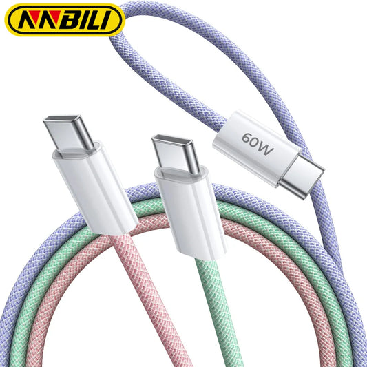 NNFbili-USB Tipo C para Tipo C Cabo Colorido, Acessórios de Tecelagem, iPhone 15, PD, 60W, Carregamento Rápido para Huawei, Xiaomi, Samsung