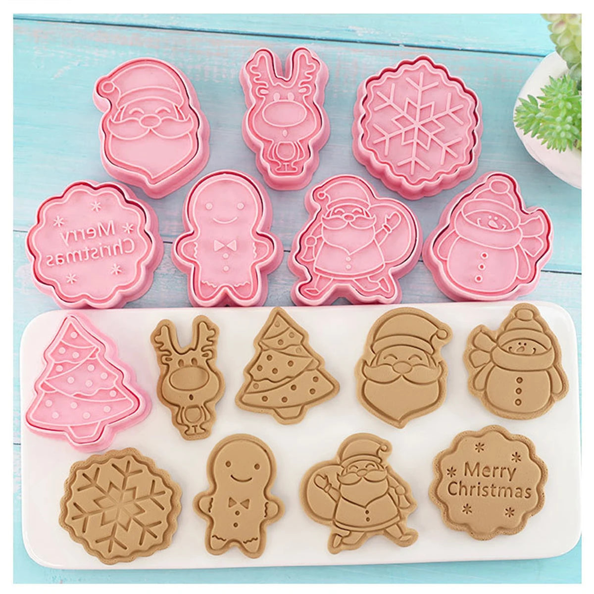 Natal Papai Noel Plastic Cookie Press, Molde De Biscoito, Cookie Stamp, Confeitaria Cozimento De Cozinha, Ferramentas De Pastelaria, 8 Pcs