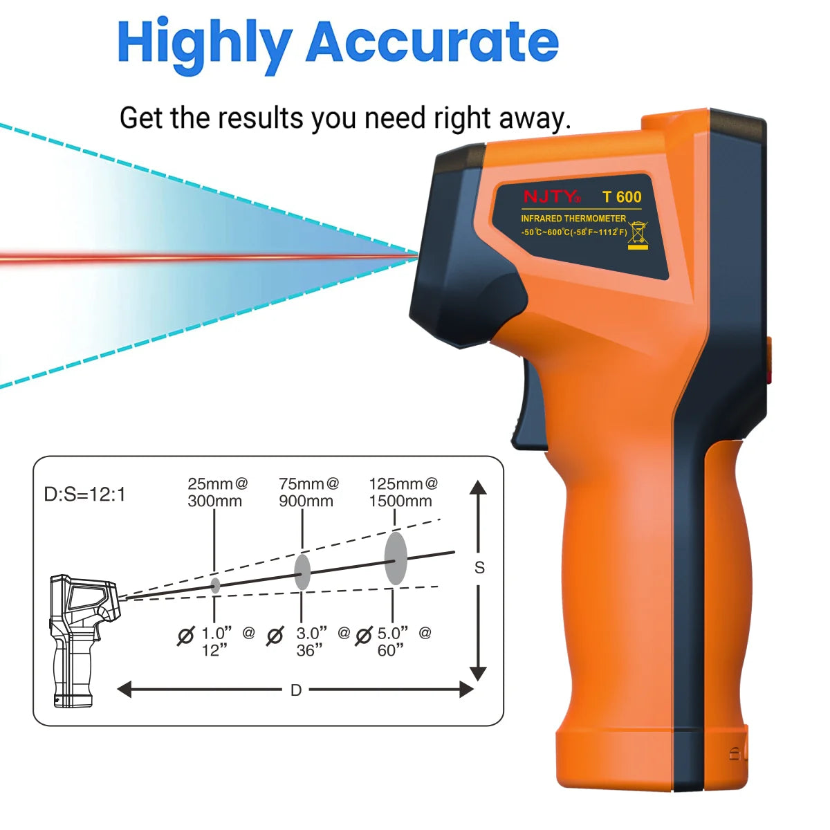 NJTY T600 Handheld Infrared Thermometer Heat Temperature for Cooking Tester Pizza Oven Grill &amp; Motor - Laser Surface Temperature Reading 