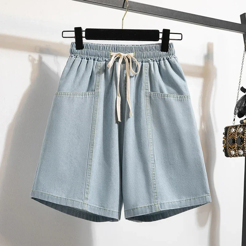 Noções básicas vintage casual chique cintura elástica rendas soltas perna larga denim calças curtas streetwear high street roupas tamanhos grandes