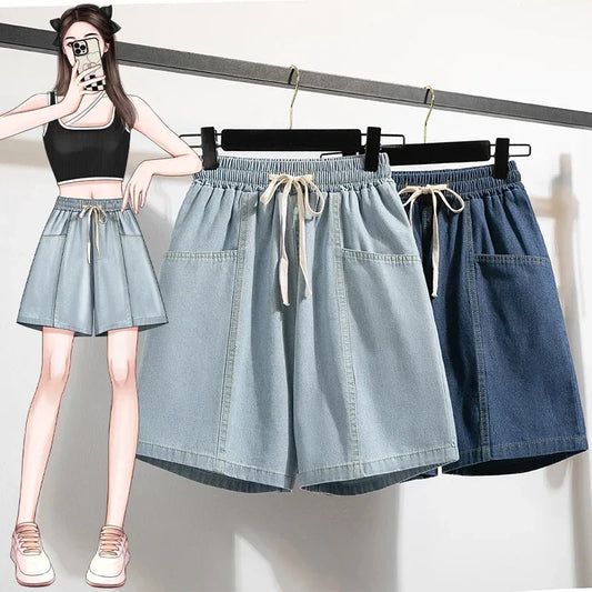 Pantalones cortos vaqueros holgados de pierna ancha con cintura elástica y encaje, estilo vintage básico, estilo casual y chic, ropa de calle de talla grande 