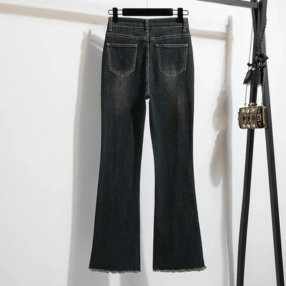 Noções básicas vintage casual cintura alta chique botão fino alargamento jeans calças compridas streetwear alta rua outono roupas tamanhos grandes