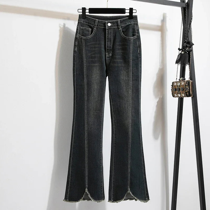 Noções básicas vintage casual cintura alta chique botão fino alargamento jeans calças compridas streetwear alta rua outono roupas tamanhos grandes