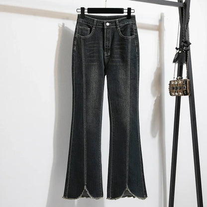 Noções básicas vintage casual cintura alta chique botão fino alargamento jeans calças compridas streetwear alta rua outono roupas tamanhos grandes