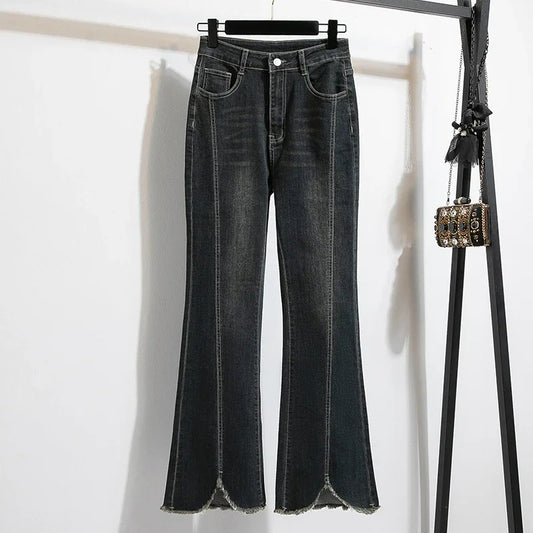 Noções básicas vintage casual cintura alta chique botão fino alargamento jeans calças compridas streetwear alta rua outono roupas tamanhos grandes