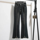 Noções básicas vintage casual cintura alta chique botão fino alargamento jeans calças compridas streetwear alta rua outono roupas tamanhos grandes