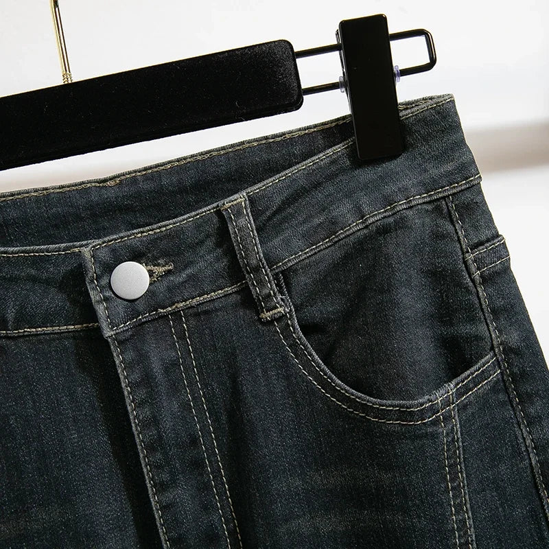 Noções básicas vintage casual cintura alta chique botão fino alargamento jeans calças compridas streetwear alta rua outono roupas tamanhos grandes