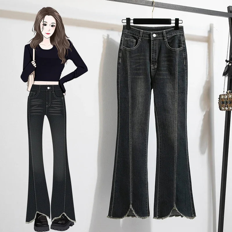 Noções básicas vintage casual cintura alta chique botão fino alargamento jeans calças compridas streetwear alta rua outono roupas tamanhos grandes
