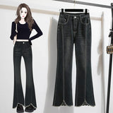 Noções básicas vintage casual cintura alta chique botão fino alargamento jeans calças compridas streetwear alta rua outono roupas tamanhos grandes