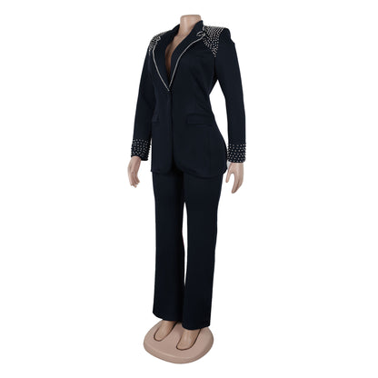 CM.YAYA Conjunto de dos piezas de chaqueta de manga larga y pantalón ancho para mujer, con empalme de perlas, para invierno y otoño de 2024