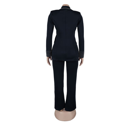 CM.YAYA Conjunto de dos piezas de chaqueta de manga larga y pantalón ancho para mujer, con empalme de perlas, para invierno y otoño de 2024