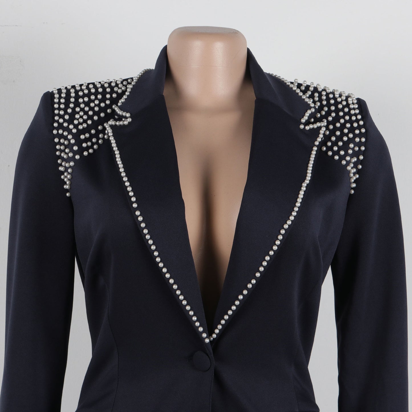 CM.YAYA Conjunto de dos piezas de chaqueta de manga larga y pantalón ancho para mujer, con empalme de perlas, para invierno y otoño de 2024
