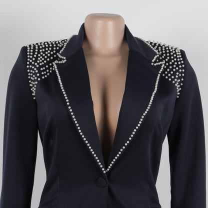 CM.YAYA Conjunto de dos piezas de chaqueta de manga larga y pantalón ancho para mujer, con empalme de perlas, para invierno y otoño de 2024