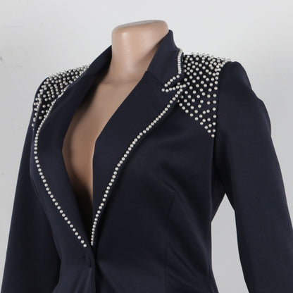 CM.YAYA Conjunto de dos piezas de chaqueta de manga larga y pantalón ancho para mujer, con empalme de perlas, para invierno y otoño de 2024