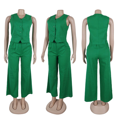 CM.YAYA Street Women's Set Sleeveless Button Fly Vest Shirt and Wide Leg Pants Elegant 2024 Fall Fashion Two 2-Piece Set Outfits