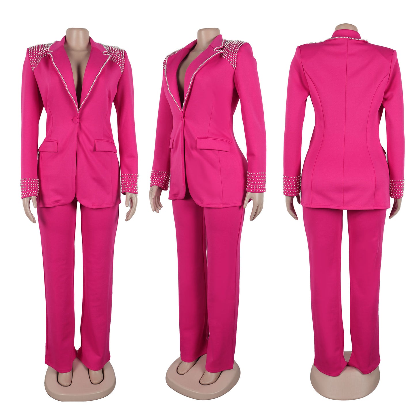CM.YAYA Conjunto de dos piezas de chaqueta de manga larga y pantalón ancho para mujer, con empalme de perlas, para invierno y otoño de 2024