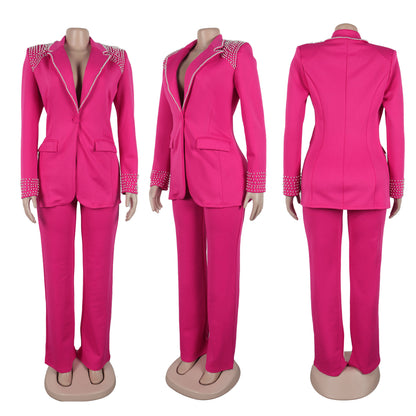 CM.YAYA Conjunto de dos piezas de chaqueta de manga larga y pantalón ancho para mujer, con empalme de perlas, para invierno y otoño de 2024
