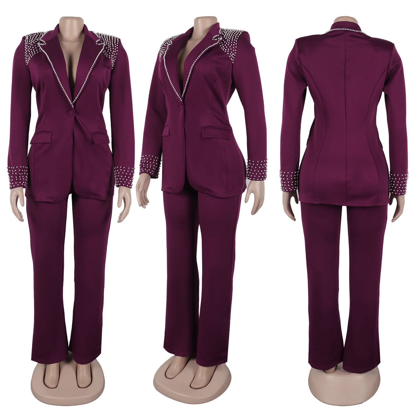 CM.YAYA Conjunto de dos piezas de chaqueta de manga larga y pantalón ancho para mujer, con empalme de perlas, para invierno y otoño de 2024