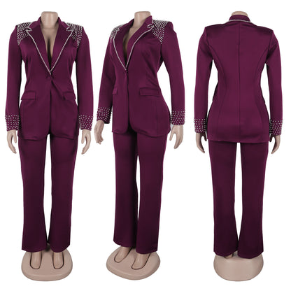 CM.YAYA Conjunto de dos piezas de chaqueta de manga larga y pantalón ancho para mujer, con empalme de perlas, para invierno y otoño de 2024