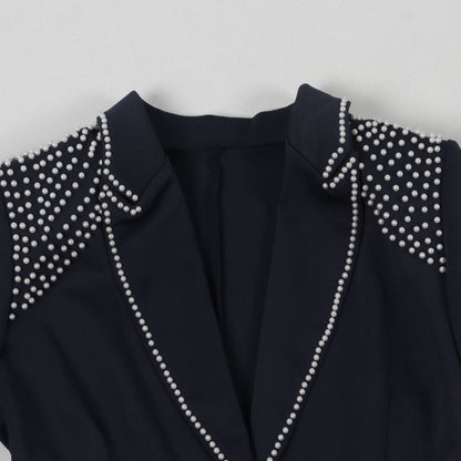 CM.YAYA Conjunto de dos piezas de chaqueta de manga larga y pantalón ancho para mujer, con empalme de perlas, para invierno y otoño de 2024