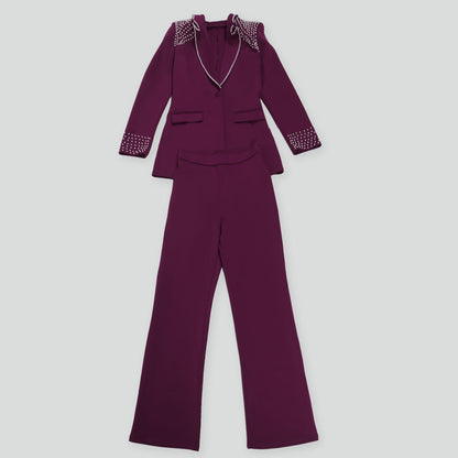 CM.YAYA Conjunto de dos piezas de chaqueta de manga larga y pantalón ancho para mujer, con empalme de perlas, para invierno y otoño de 2024