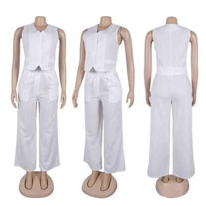 CM.YAYA Street Women's Set Sleeveless Button Fly Vest Shirt and Wide Leg Pants Elegant 2024 Fall Fashion Two 2-Piece Set Outfits
