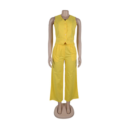 CM.YAYA Street Women's Set Sleeveless Button Fly Vest Shirt and Wide Leg Pants Elegant 2024 Fall Fashion Two 2-Piece Set Outfits