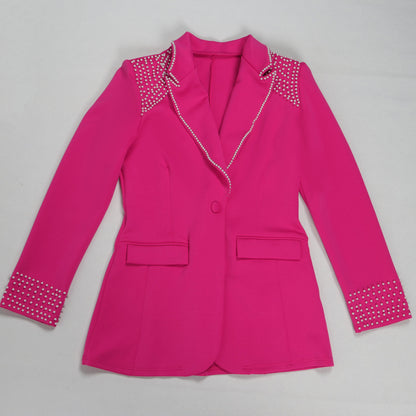 CM.YAYA Conjunto de dos piezas de chaqueta de manga larga y pantalón ancho para mujer, con empalme de perlas, para invierno y otoño de 2024